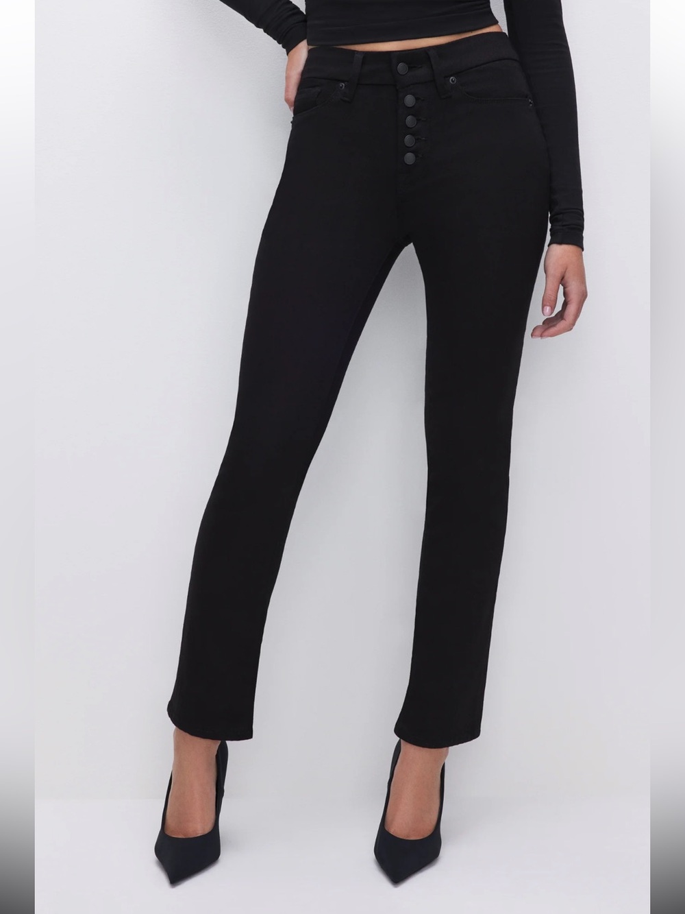 Good American Never Fade Button Front Good Legs Straight Black Jeans NWT!